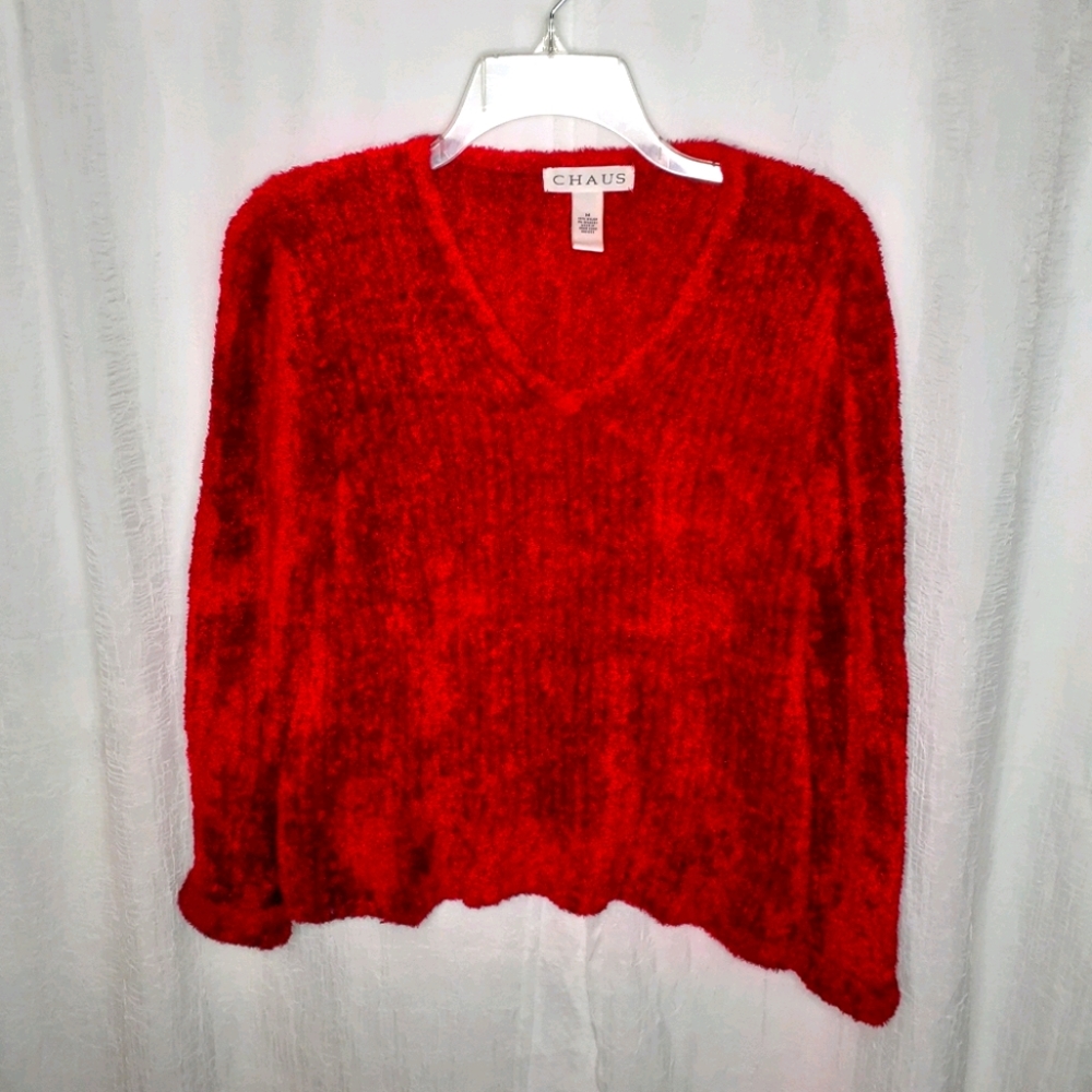 CHAUS Red Fuzzy V-neck‎ Sweater